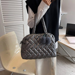 Quilted Crossbody Bag with Pompom Pendant & Large Capacity