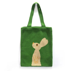 Knitted Women Shoulder Bag Duck Rabbit Cat Pattern Green Tote Bag