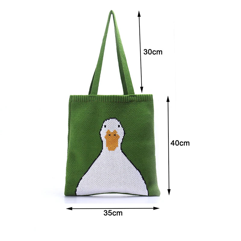 Knitted Women Shoulder Bag Duck Rabbit Cat Pattern Green Tote Bag