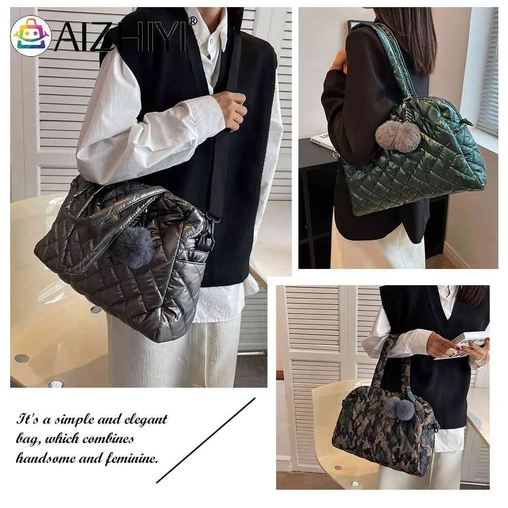 Quilted Shoulder Bag with Pompom Pendant