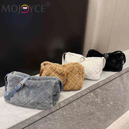 Autumn Winter Ladies Crossbody Bags Rhombus Pattern Plush Shoulder Bag Casual