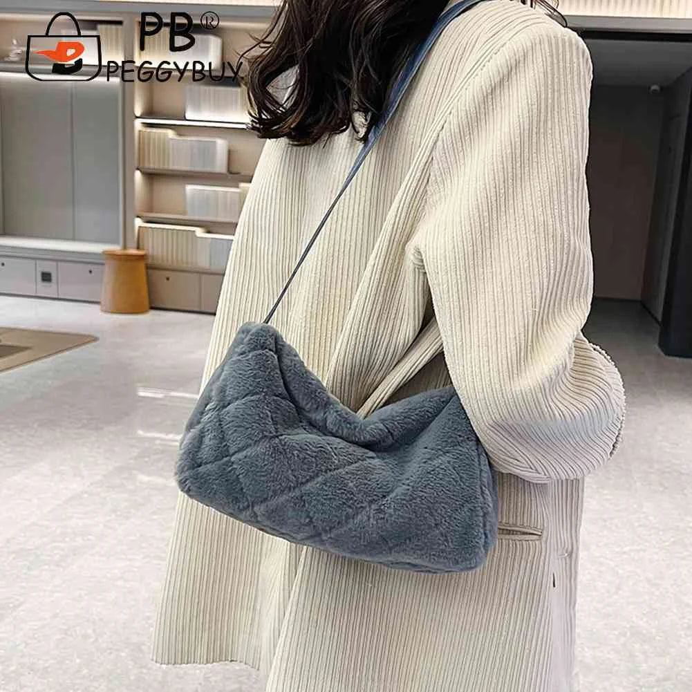 Plush Shoulder Bag Rhombus Pattern Crossbody Bag