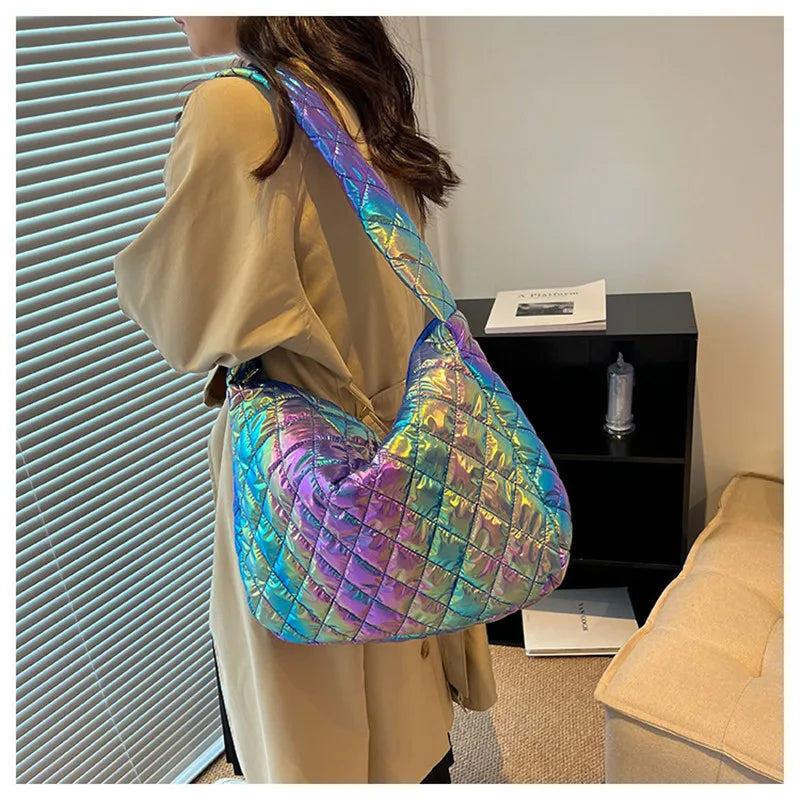 Large Capacity Shoulder Bag for Women, Laser Crossbody Handbag