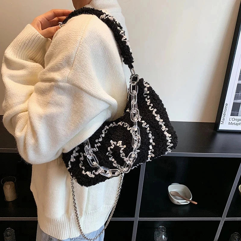 Plush Hobos Bag Zipper Chain Underarm Bag Women's Shoulder Bag