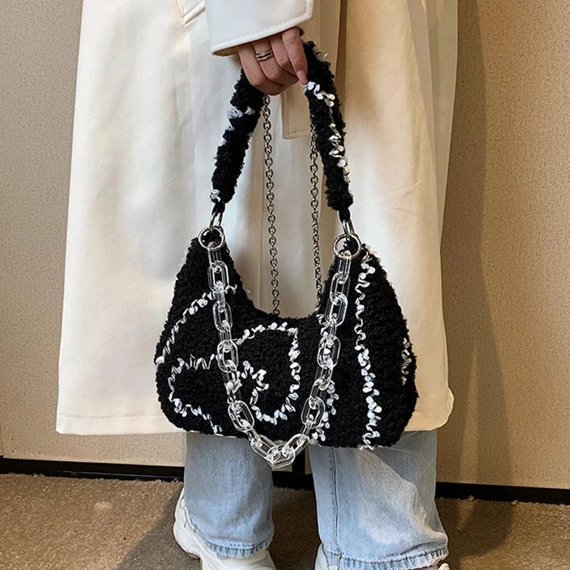 Plush Hobos Bag Zipper Chain Underarm Bag Women's Shoulder Bag