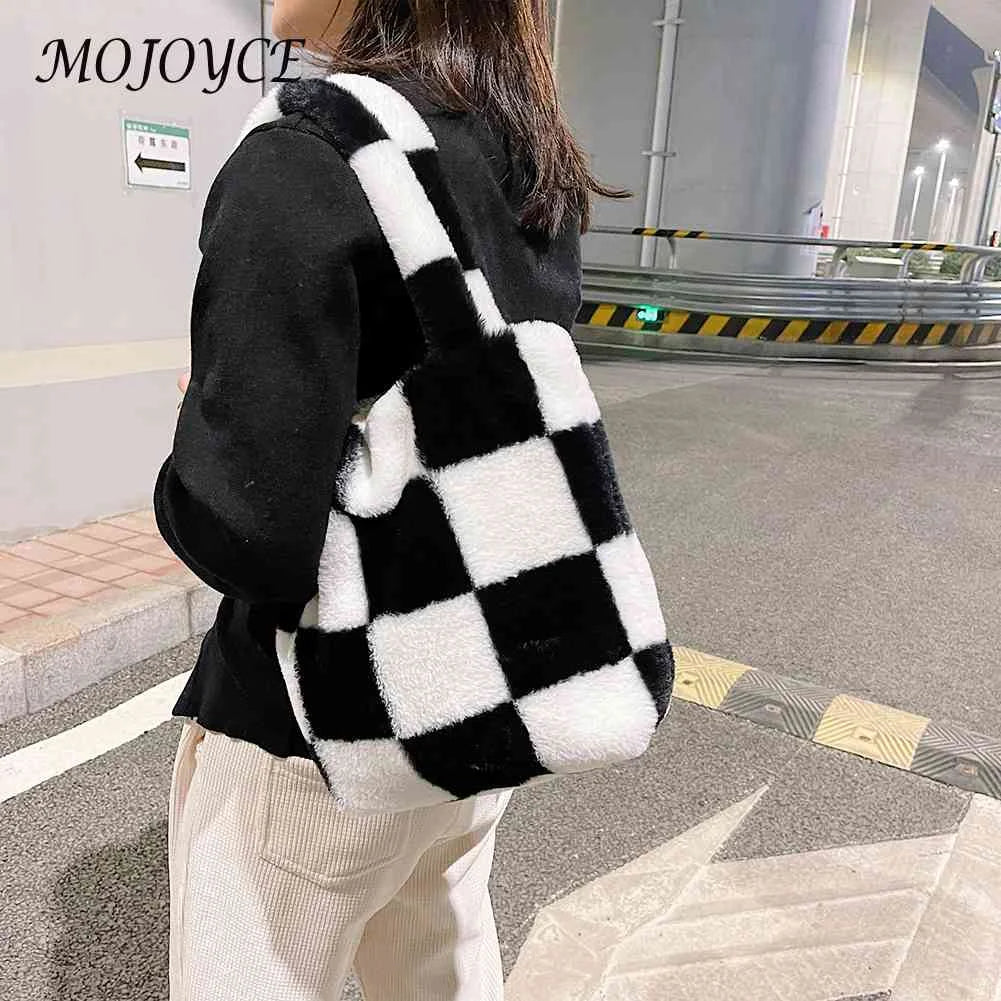 Plush Grid Print Shoulder Bag Casual Hit Tote Handbags