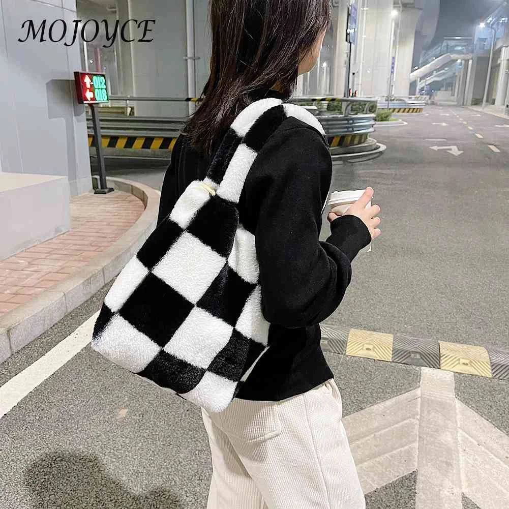 Plush Grid Print Shoulder Bag Casual Hit Tote Handbags