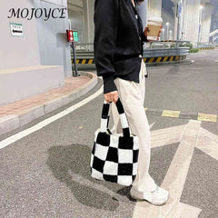 Plush Grid Print Shoulder Bag Casual Hit Tote Handbags