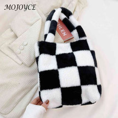 Plush Grid Print Shoulder Bag Casual Hit Tote Handbags