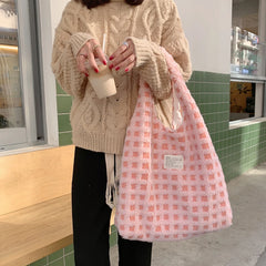 Plush Shoulder Bag Soft Fleece Tote Shopping Waffle Plaid Large