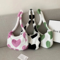 Faux Fur Plush Shoulder Bag Retro Heart Printed Underarm Clutch