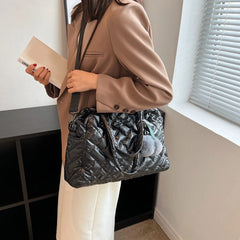Quilted Shoulder Bag Casual Handbag Pompom Pendant Cotton Messenger Crossbody