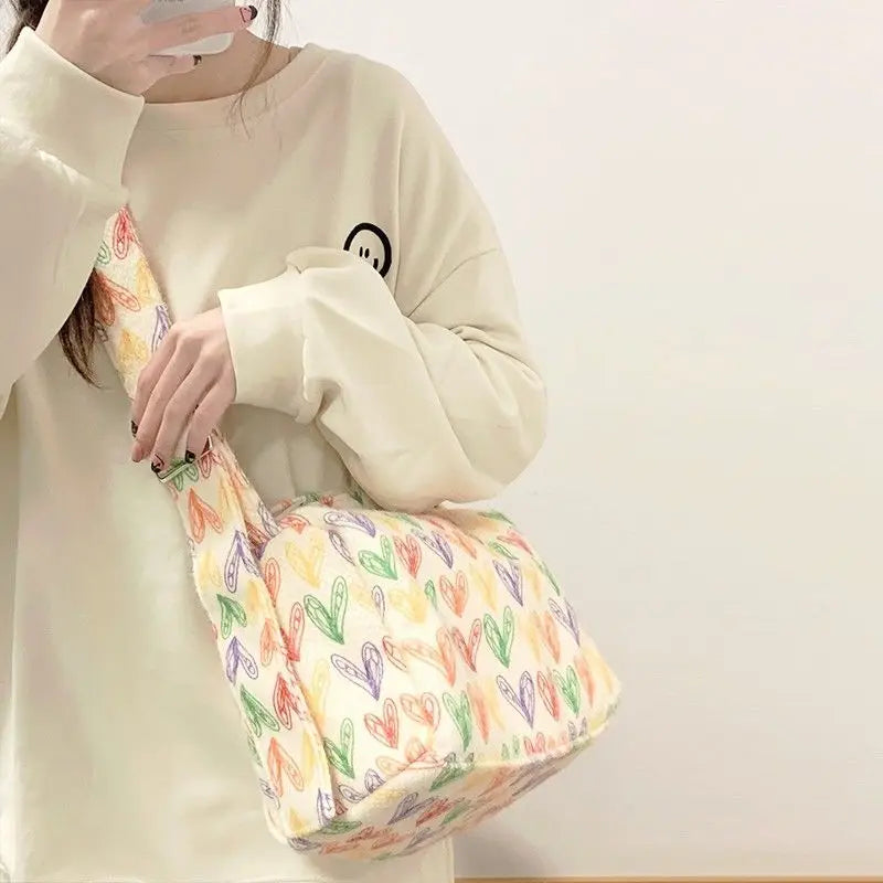 Colorful Rainbow Heart Plush Shoulder Bag