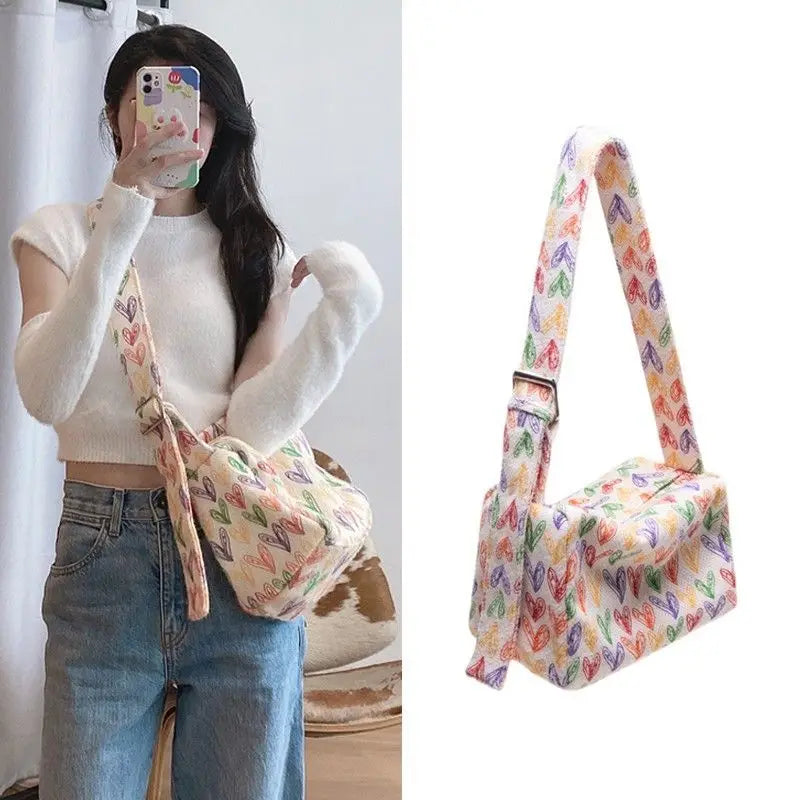 Colorful Rainbow Heart Plush Shoulder Bag