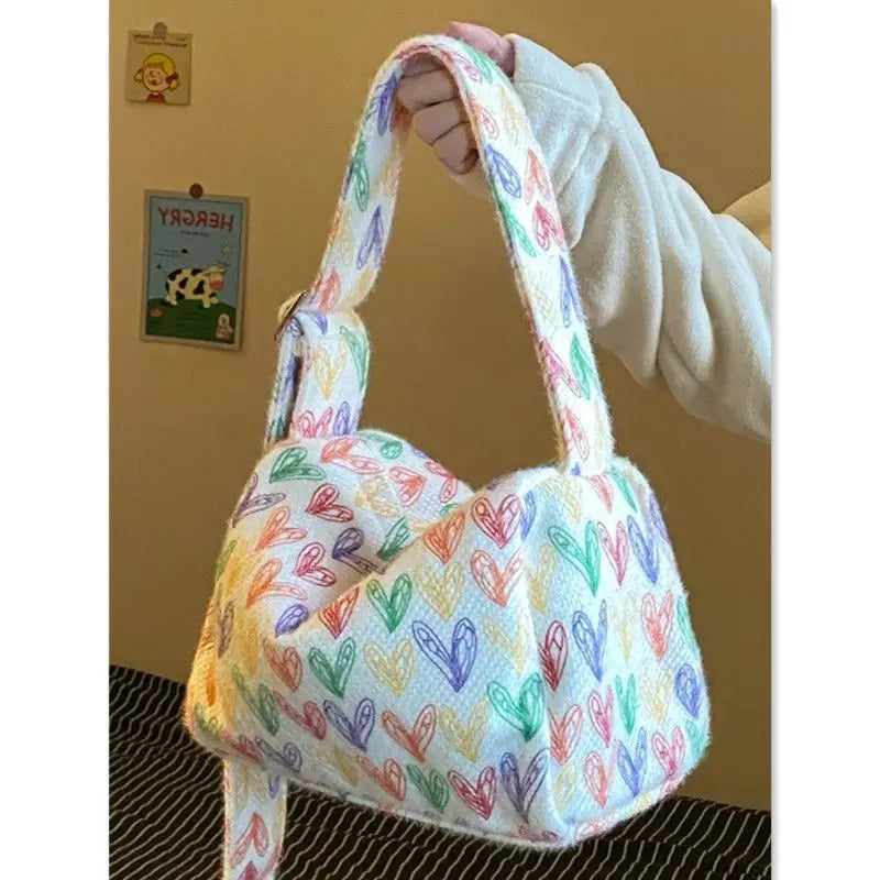 Colorful Rainbow Heart Plush Shoulder Bag