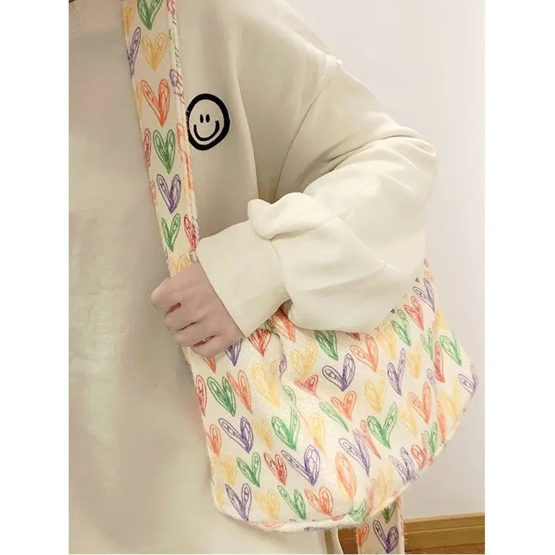 Colorful Rainbow Heart Plush Shoulder Bag