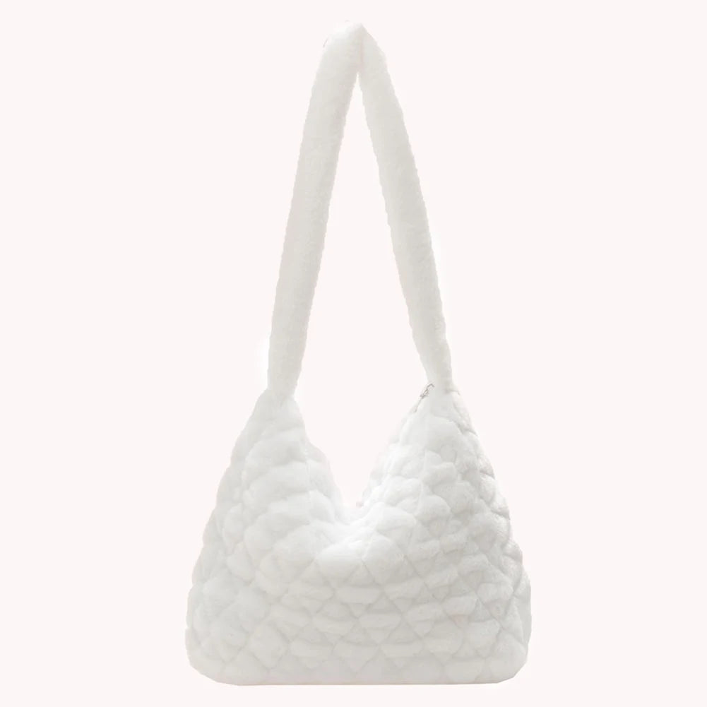 Soft Plush Shopper Bag Casual Women Purses Fluffy Solid Rhombus Pattern Satchel