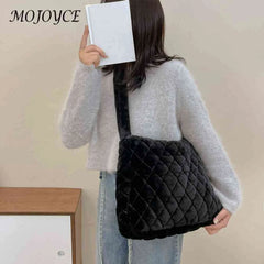 Soft Plush Casual Women Purses Fluffy Solid Rhombus Pattern Lady Satchel