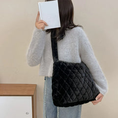 Soft Plush Shopper Bag Casual Women Purses Fluffy Solid Rhombus Pattern Satchel