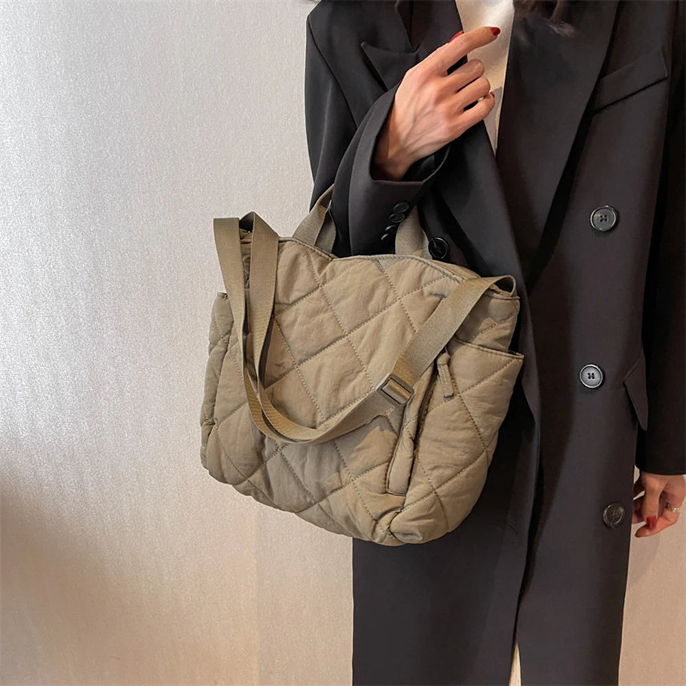 Quilted Cotton-padded Shoulder Bag Rhombic Lattice Solid Soft