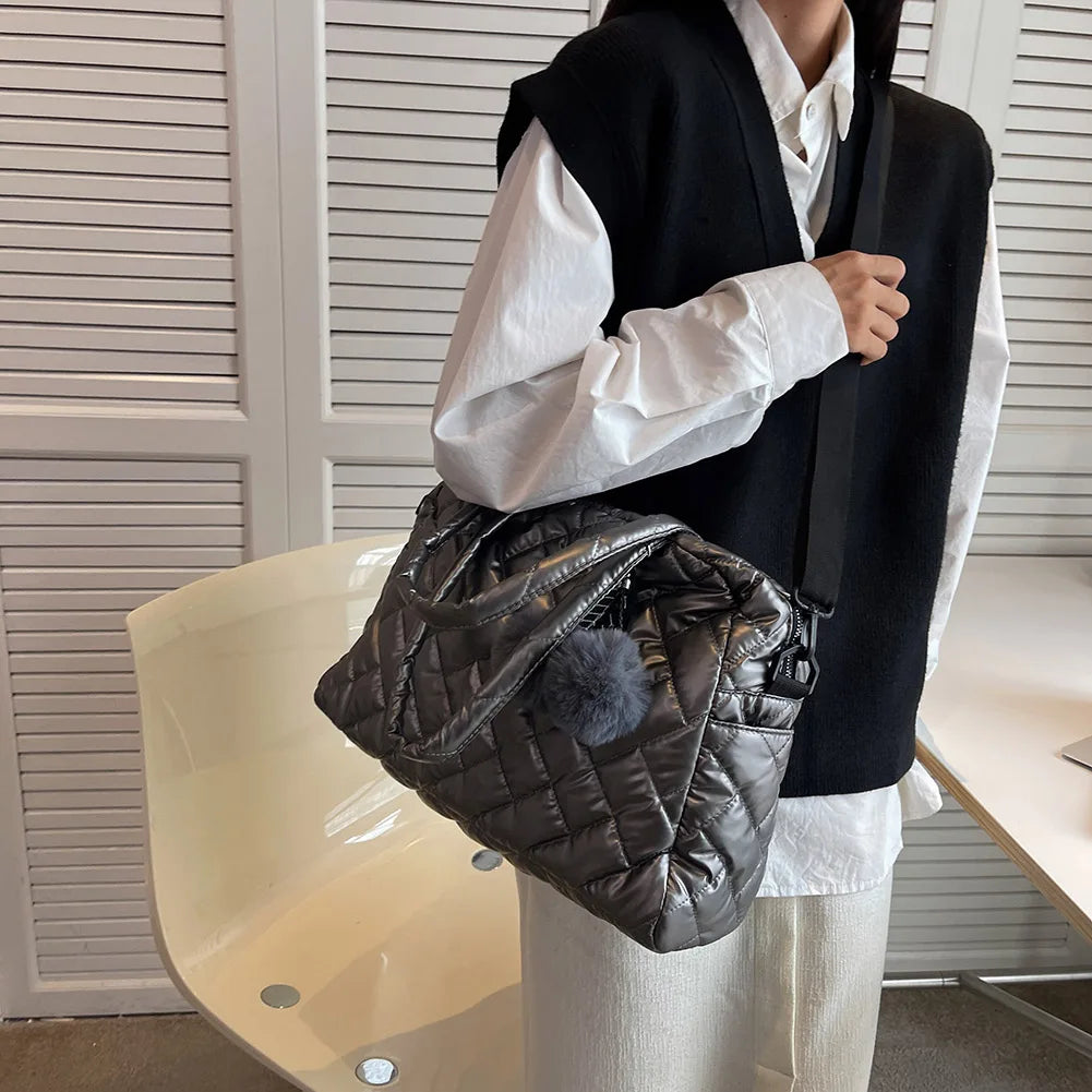 Quilted Shoulder Bag Pompom Pendant Large Capacity Nylon Crossbody Bag