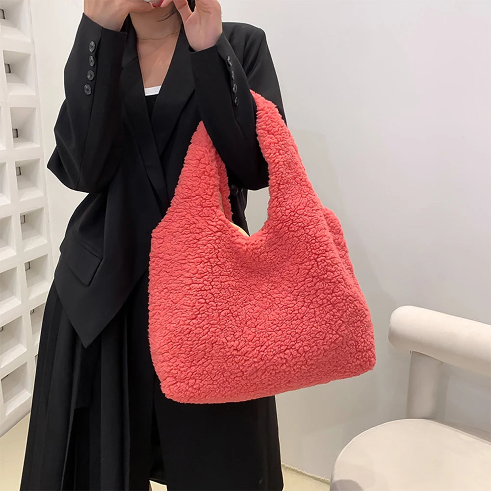 Fleece Shoulder Handbag Soft Plush Top-handle Bag Large-capacity