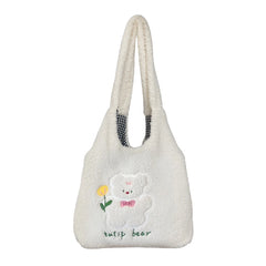 Embroidery Fleece Shoulder Bag for Women Girls