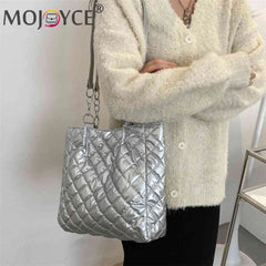 Quilted Cotton Padded Shoulder Bag Chain Shopper Women Travel Satchel