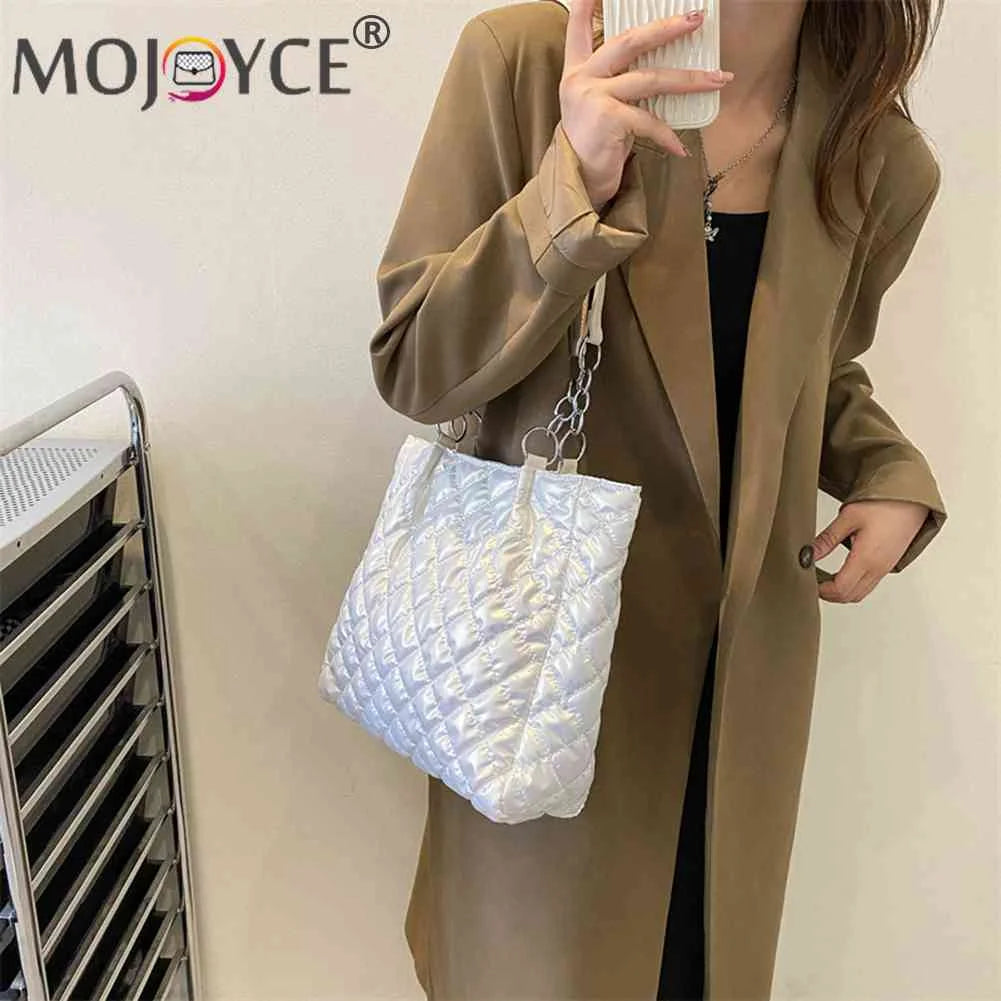 Quilted Cotton Padded Shoulder Bag Chain Shopper Women Travel Satchel