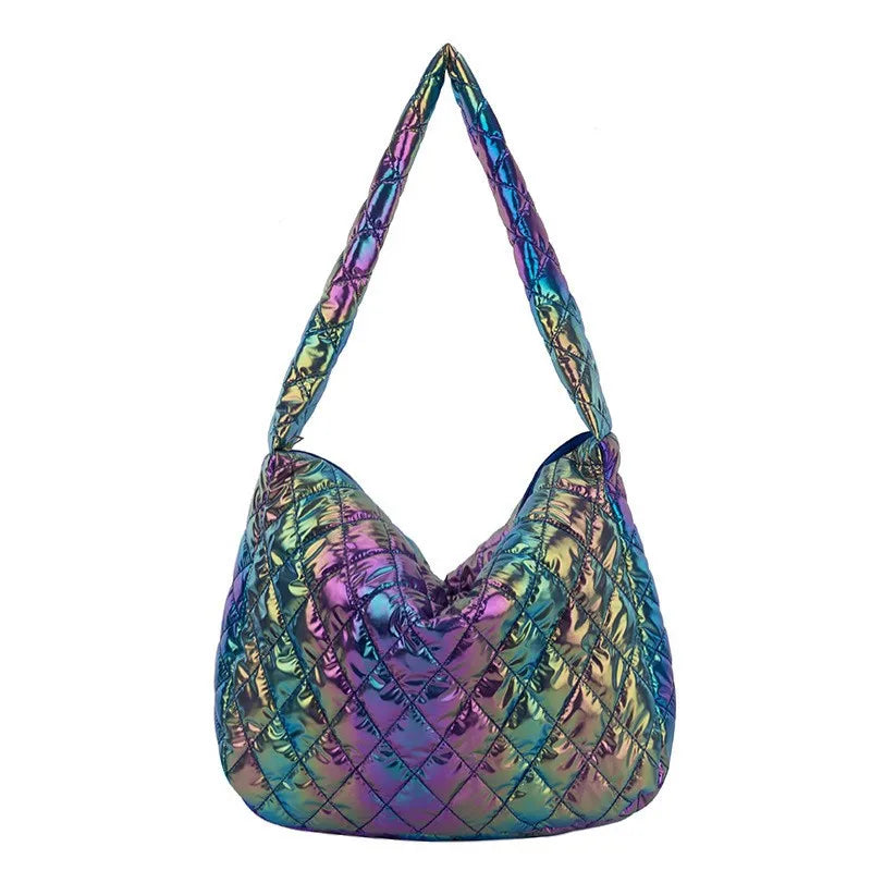 Shoulder Bag for Women Laser Multicolor Cotton Padded Handbag Rhombus Pattern