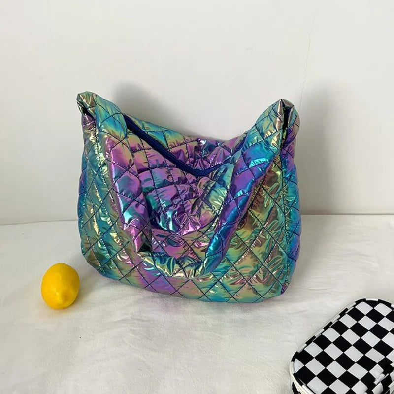 Shoulder Bag for Women Laser Multicolor Cotton Padded Handbag Rhombus Pattern