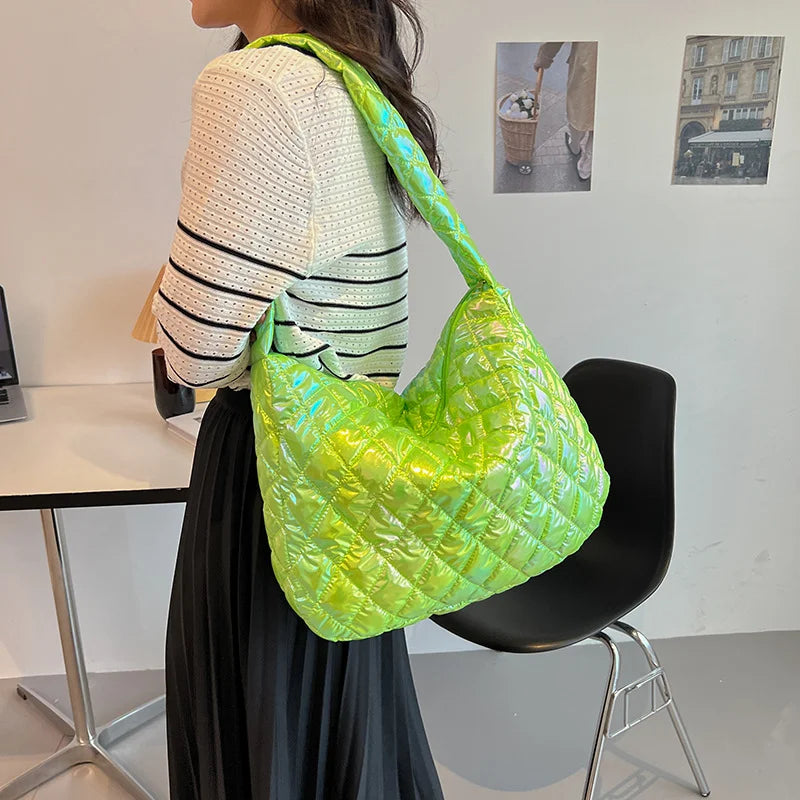 Shoulder Bag for Women Laser Multicolor Cotton Padded Handbag Rhombus Pattern