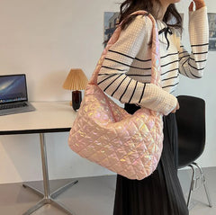Shoulder Bag for Women Laser Multicolor Cotton Padded Handbag Rhombus Pattern