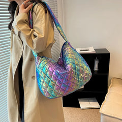 Shoulder Bag for Women Laser Multicolor Cotton Padded Handbag Rhombus Pattern