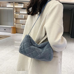 Plush Fluffy Messenger Bag Rhombus Pattern Shoulder Bag Casual Crossbody Bag
