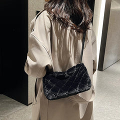 Plush Fluffy Messenger Bag Rhombus Pattern Shoulder Bag Casual Crossbody Bag