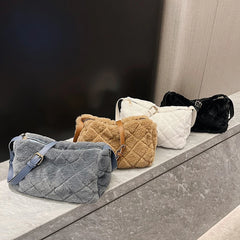 Plush Fluffy Messenger Bag Rhombus Pattern Shoulder Bag Casual Crossbody Bag