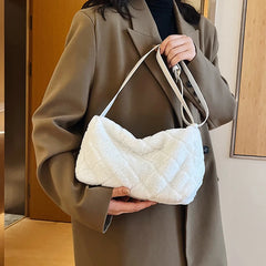 Plush Fluffy Messenger Bag Rhombus Pattern Shoulder Bag Casual Crossbody Bag
