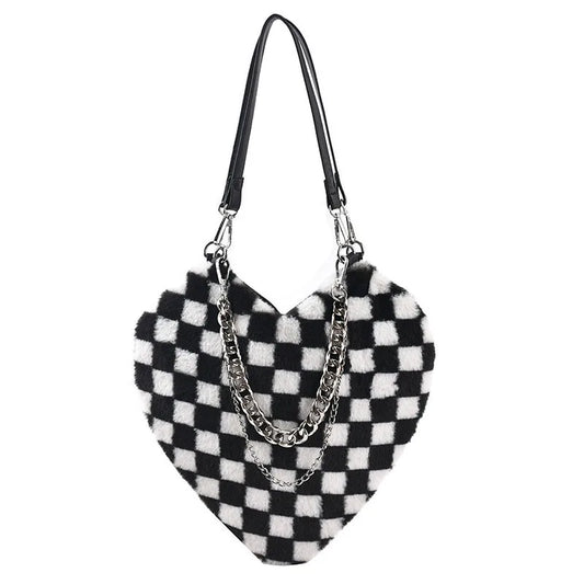 Women Chains Plaid Plush Shoulder Bag Love Heart Shape Tote