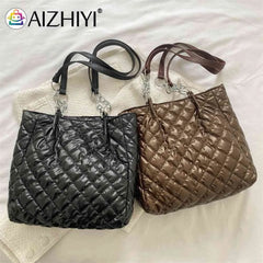 Quilted Cotton Padded Tote Bag Women Handbag Chain Solid Travel Satchel