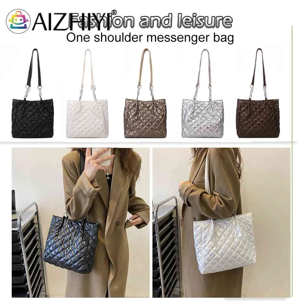 Quilted Cotton Padded Tote Bag Women Handbag Chain Solid Travel Satchel