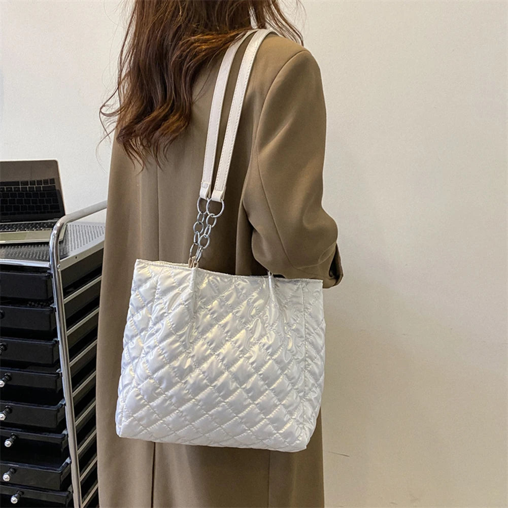 Quilted Cotton Padded Tote Bag Chain Solid Travel Satchel