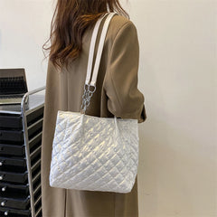 Quilted Cotton Padded Tote Bag Chain Solid Travel Satchel