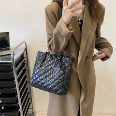 Quilted Cotton Padded Tote Bag Chain Solid Travel Satchel