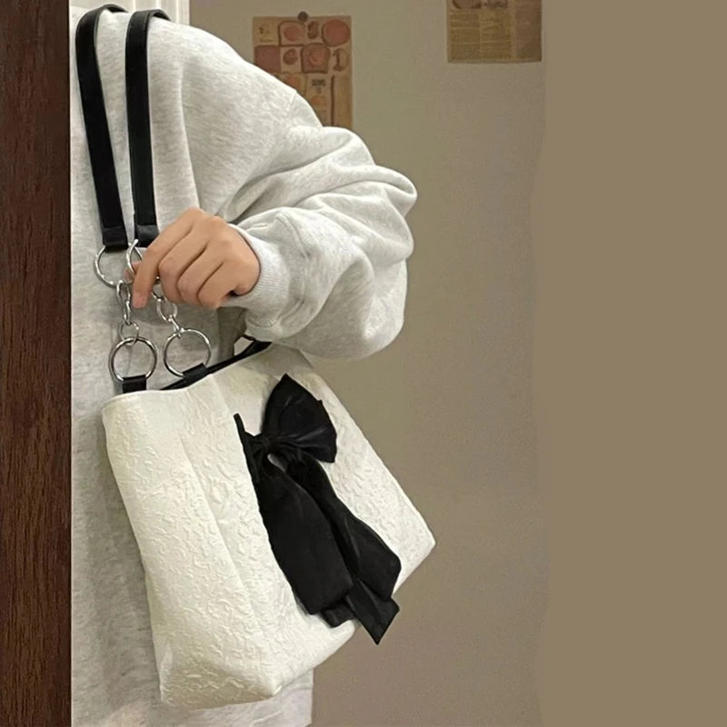 Women's Chain Shoulder Bag Casual Bowknot Canvas Handbag