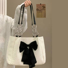 Women's Chain Shoulder Bag Casual Bowknot Canvas Handbag