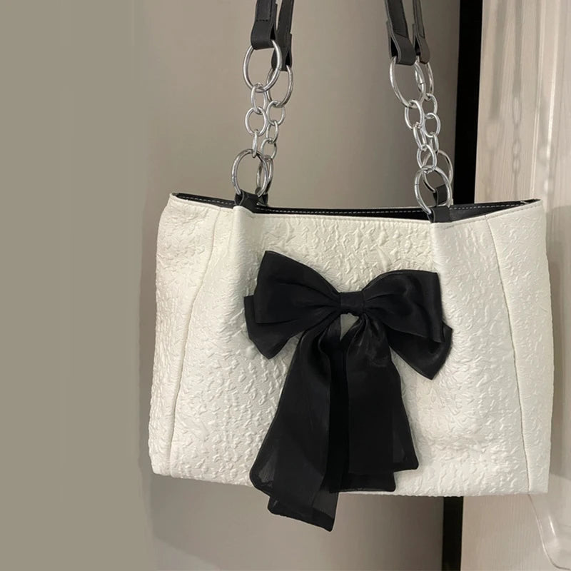 Women's Chain Shoulder Bag Casual Bowknot Canvas Handbag