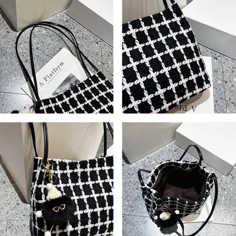 Autumn Woolen Shoulder Bags Plaid Vintage Bucket Bag Large Capacity Tote Handbag