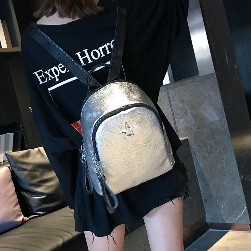 Retro Solid Double Shoulder Pack Travel Small Backpack PU Bagpack