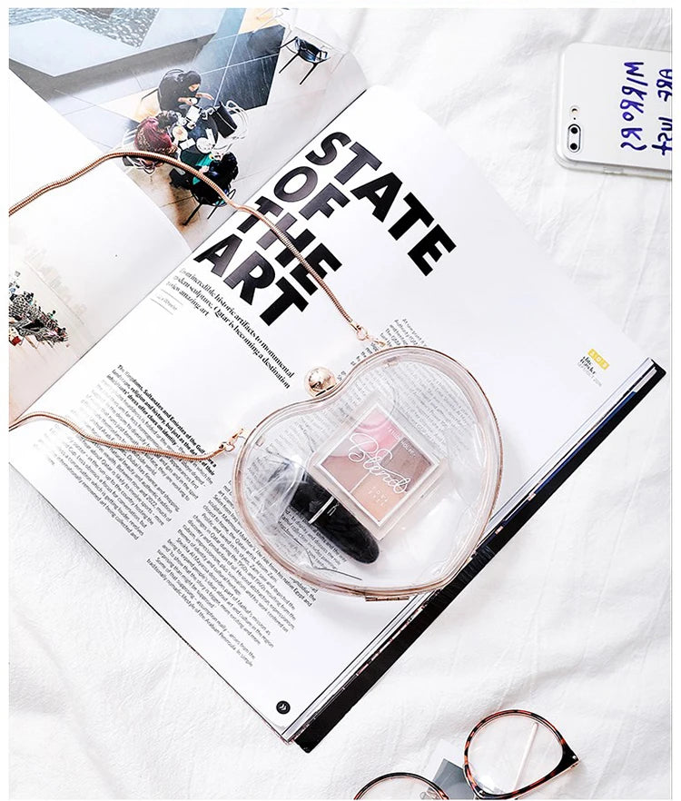 Heart Shape Transparent Acrylic Clutch Evening Bag Chain Crossbody Purse
